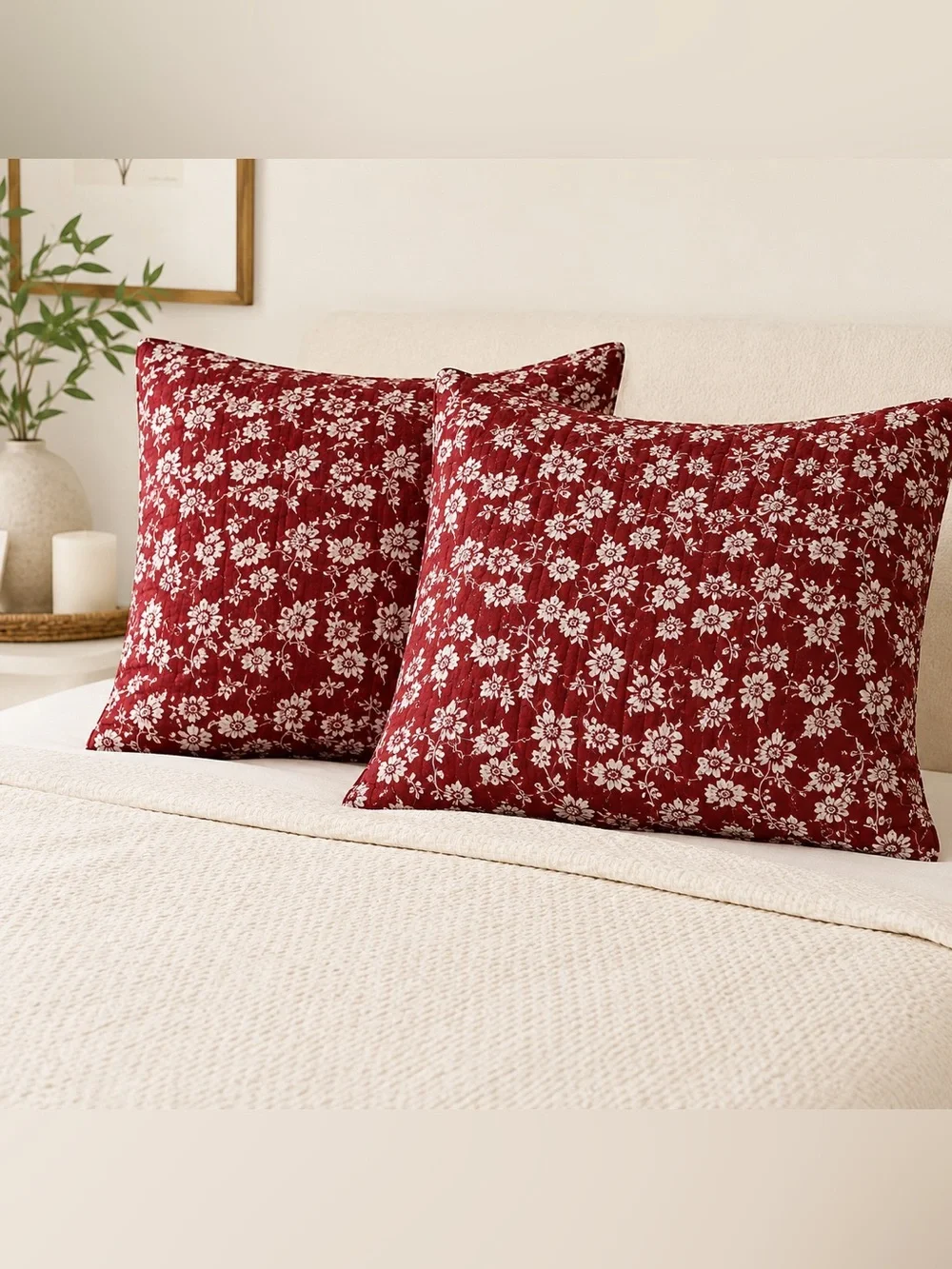 IKEA Quilted Euro Sham Covers Set of 2 Burgundy Floral 24.5” Cottage
